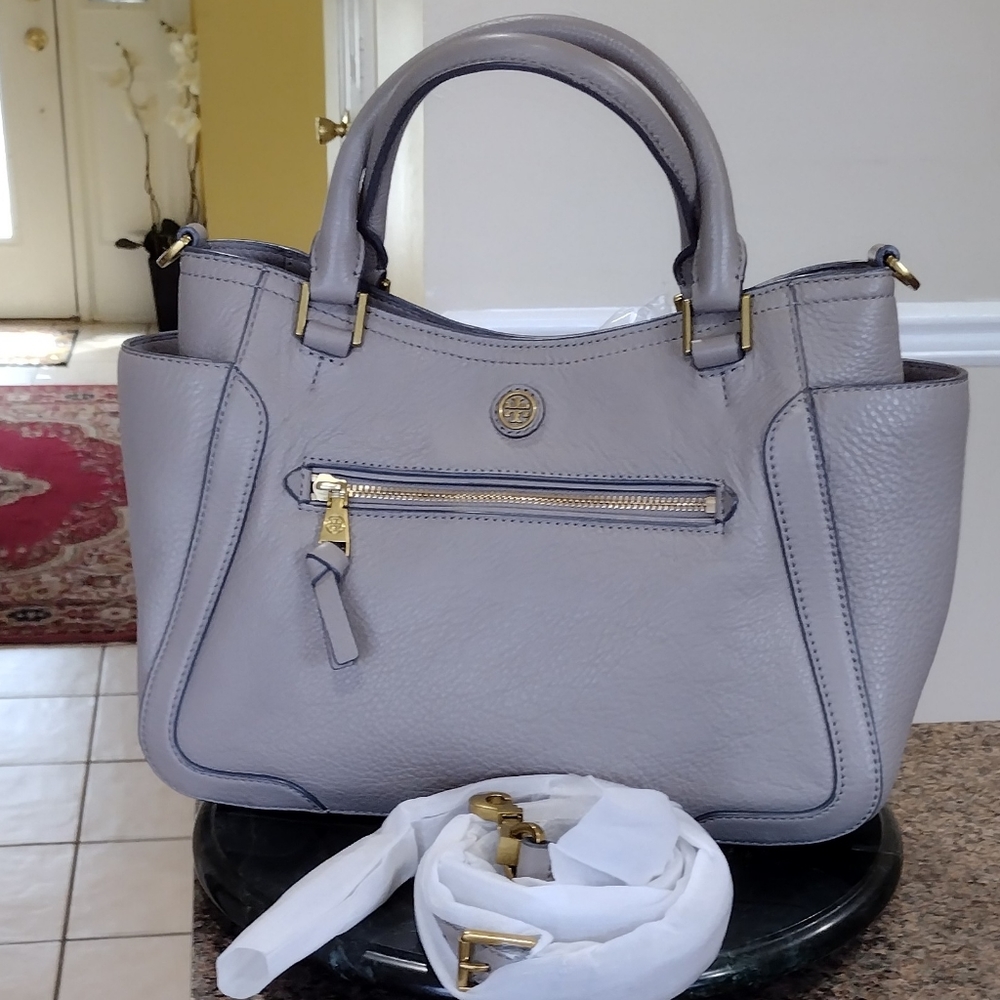Tory Burch Light Gray Leather Satchel with Gold Hardware